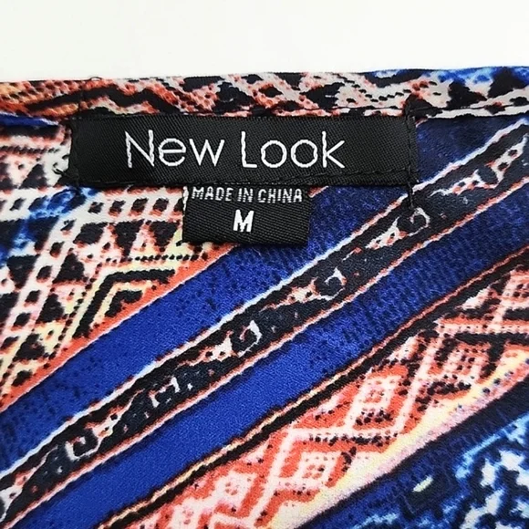 New Look Boho V Neck Long Sleeve Top Blue Red Grey Print Lightweight Size  M - Picture 8 of 11